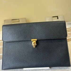 Black Leather Clutch with Gold Skull Clasp